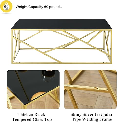 Miniatura 5 de SSLine Mesa de centro de cristal negro con patas de acero inoxidable doradas, mesa de centro rectangular de lujo para sala de estar, moderna y