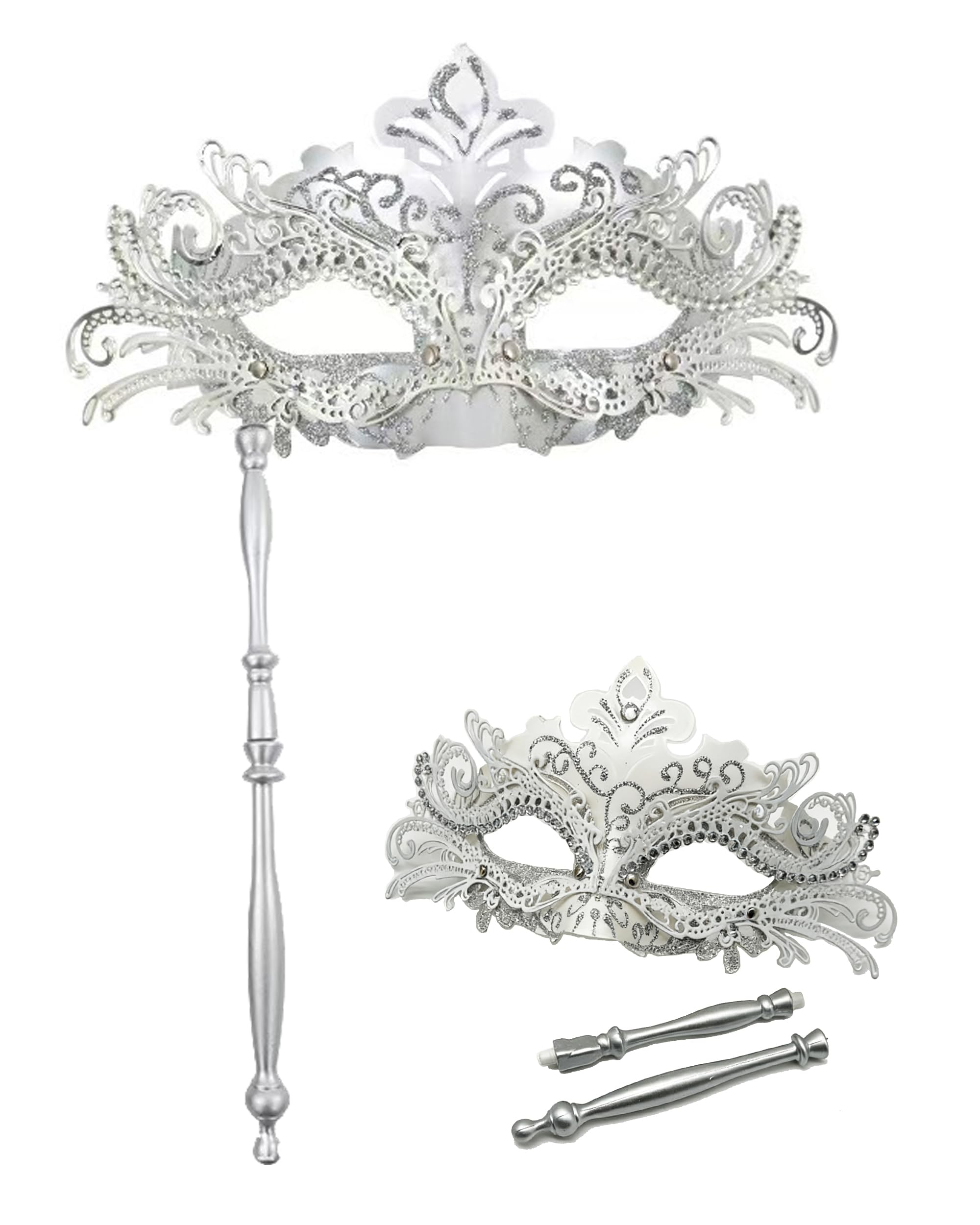 MZinge Masquerade Mask for Women with Stick Metal Filigree Shiny Rhinestone Venetian Mask Prom Mardi Gras Ball Masks Halloween Party Costumes(Multiple Colors Available) (White)