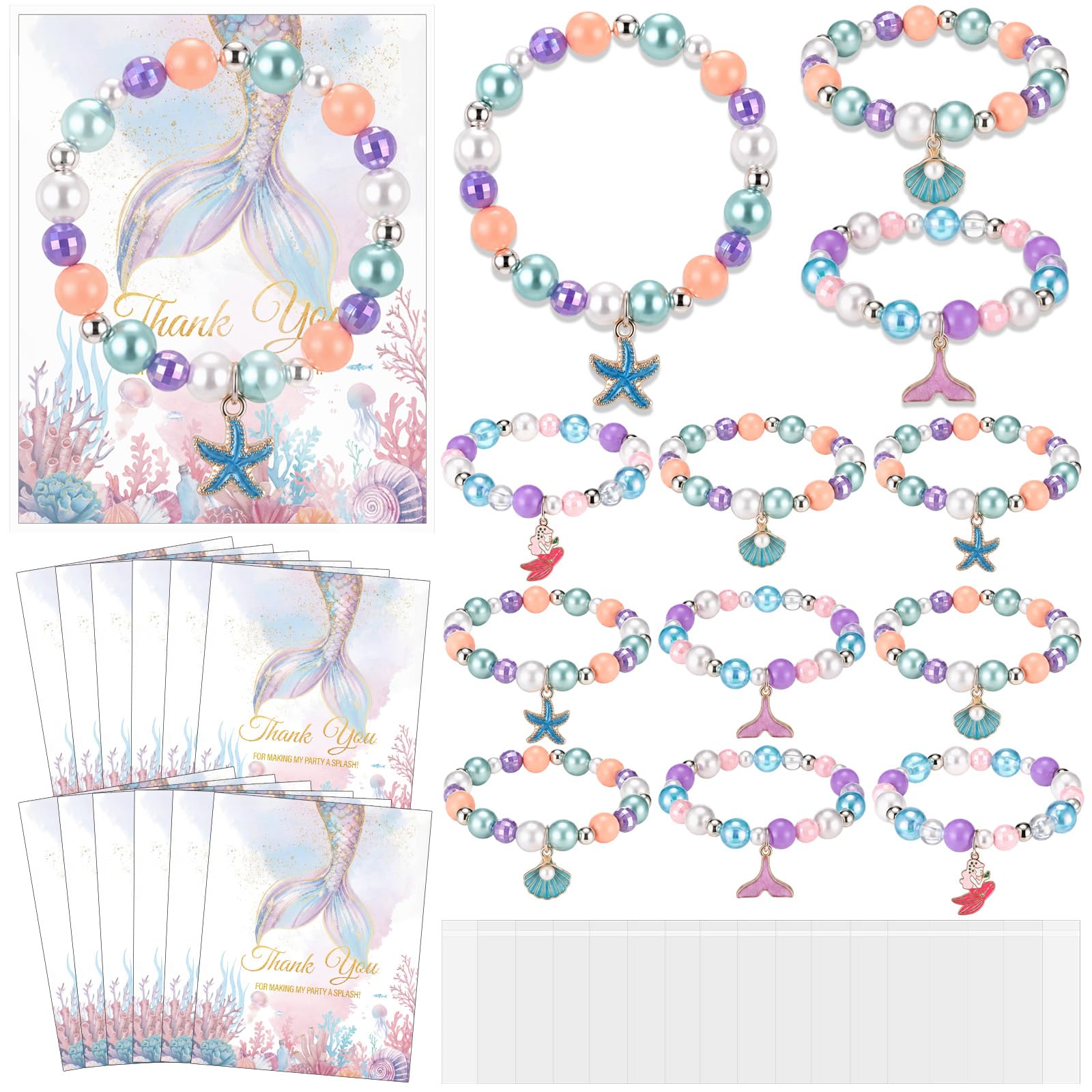 Misdary 12 Set Mermaid Party Favors Kids Beaded Bracelets Thank You Cards Goodie Bags Gifts Theme Party Accessories for Girls Jewelry Princess Birthday Prize Gifts Birthday Decorations