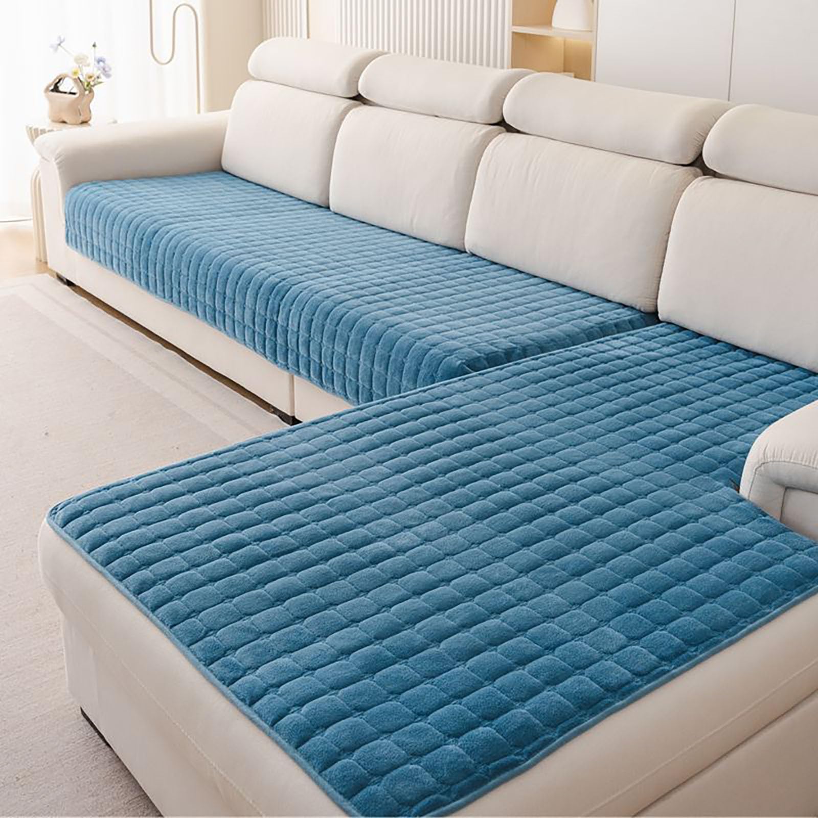 Soft Flannel Sofa Cover, Sofa Cover 1, 2, 3, 4-Seater, Couch Cover Sofa Blanket L-Shaped Corner Throw Blanket Anti-Slip for Living Room Washable,blue,45 * 45cm pillowcas