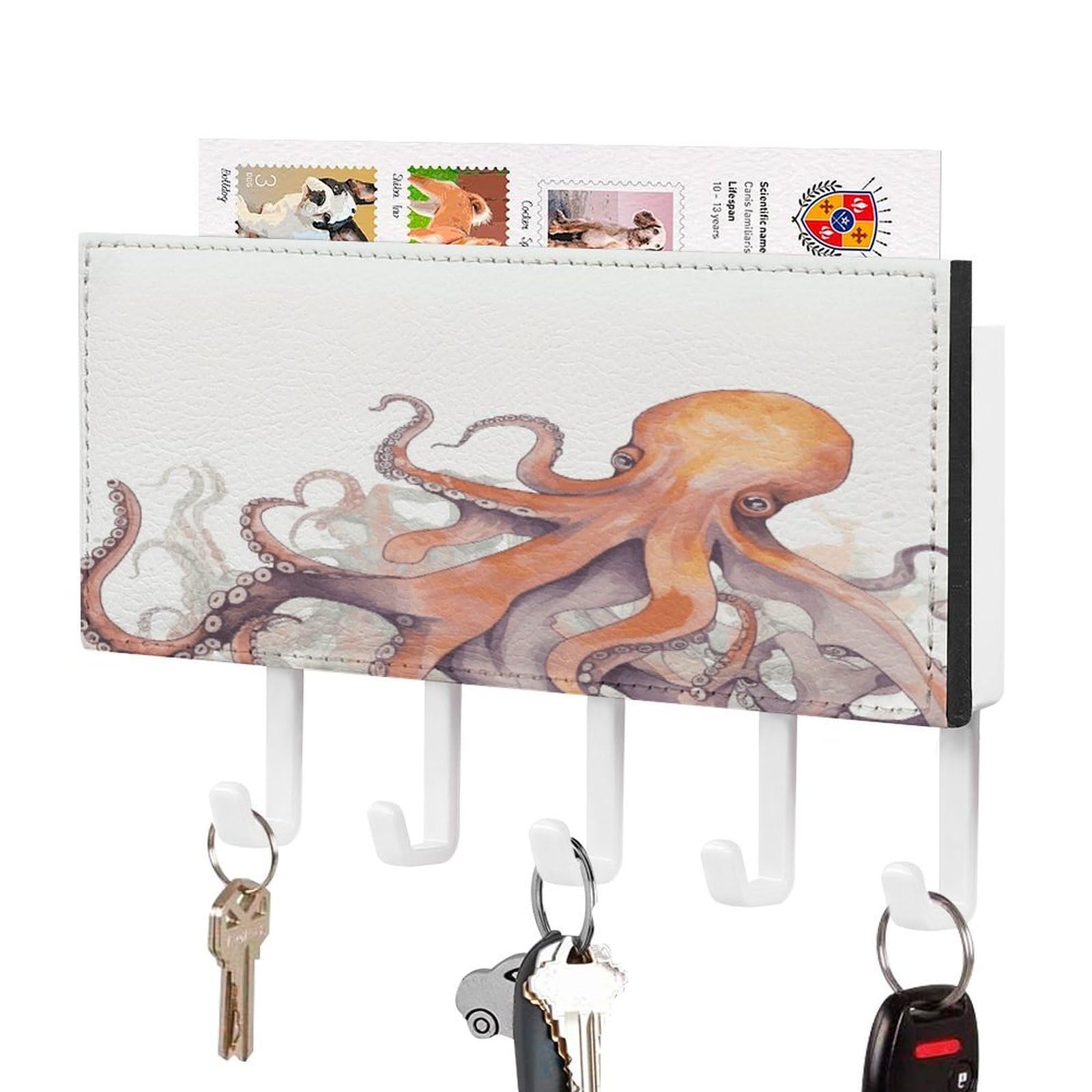Octopus Tentacles Key Holder for Wall Mount Key Hooks Key Rack with Self Adhesive PU Key Hanger Personalized Key Organizer Rack with 5 Hooks for Hallway Door Entryway