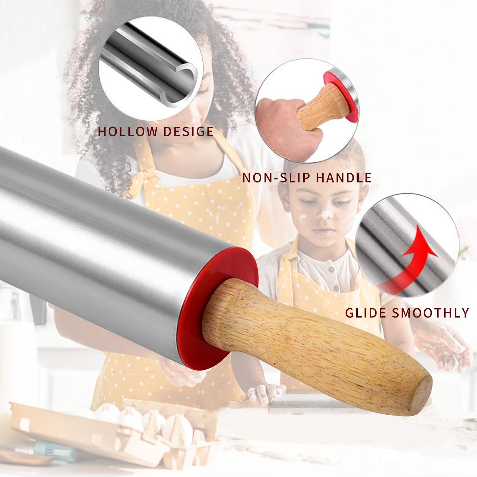 Mattarello In Acciaio Inox Antiaderente - Con Manico Legno Per Pizza, Pasta E Biscotti - Foto 5