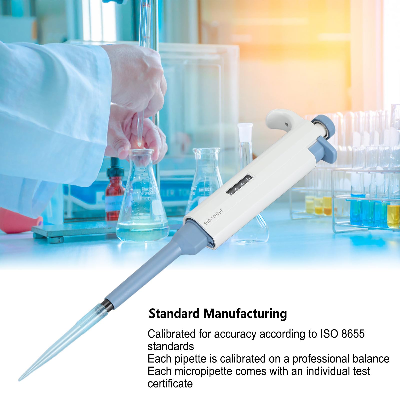 Professioneller Labor-Einkanalpipettor, 100–1000 ul, hochpräzise Mikropipette mit einstellbarem Volumen für die molekularbiologische Zellkulturforschung, ABS-Kunststoff