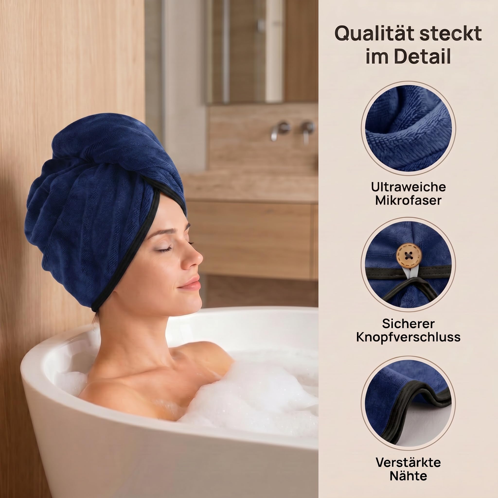 KinHwa Haarhandtuch Mikrofaser 2er Set 30x70 cm – Extra weicher Haarturban mit Knopf für Lange Haare – Verkürzt die Föhnzeit & reduziert Frizz – Saugstarkes Hair Towel für Damen-Dunkelblau