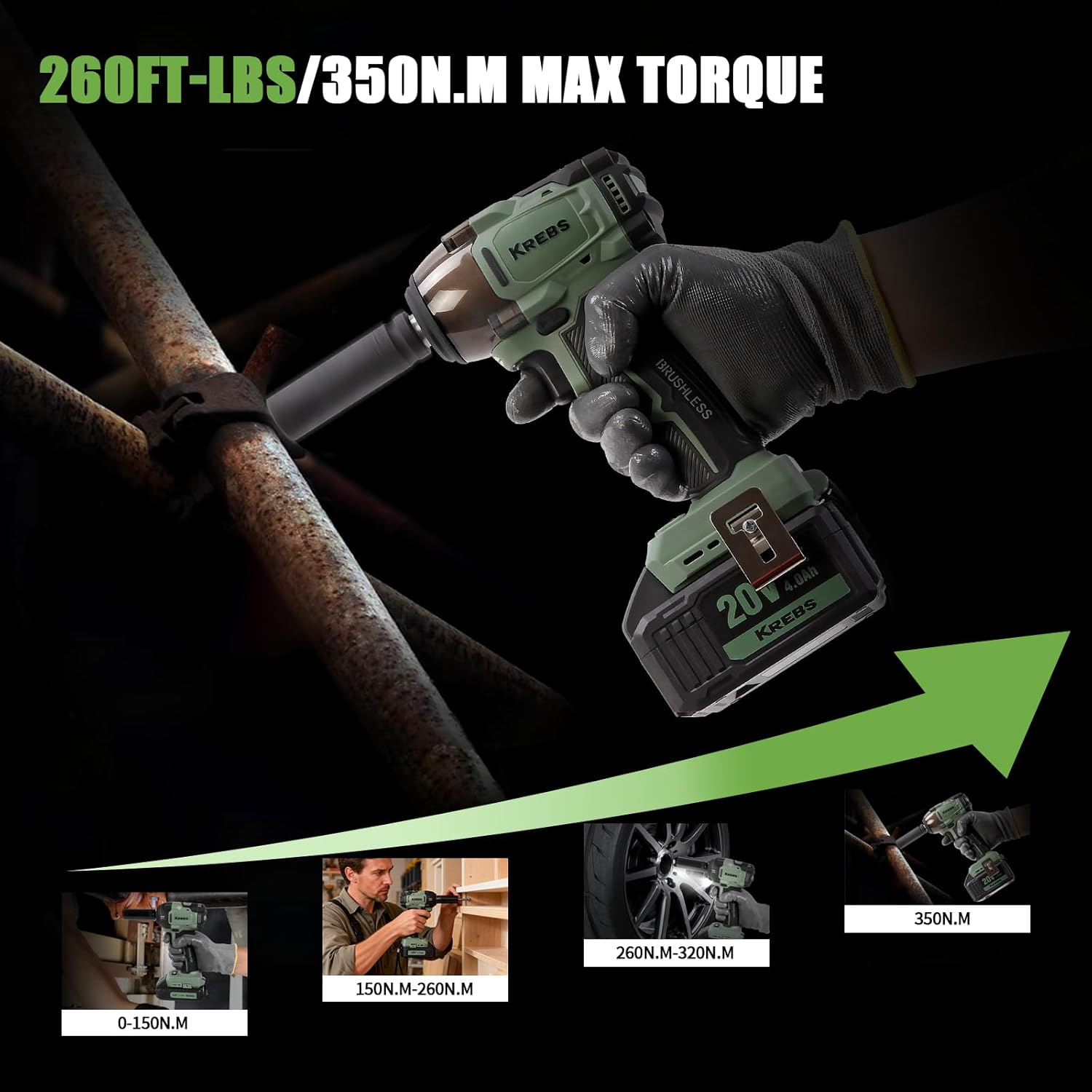 KREBS 20V Cordless Impact Wrench High Torque Max 260Ft-lbs(350N.m) Portable Impact Driver 1/2 inch Brushless with 6 Sockets 4.0Ah Battery Electric Power Wrench for Car, Workshop, Home, DIY Project