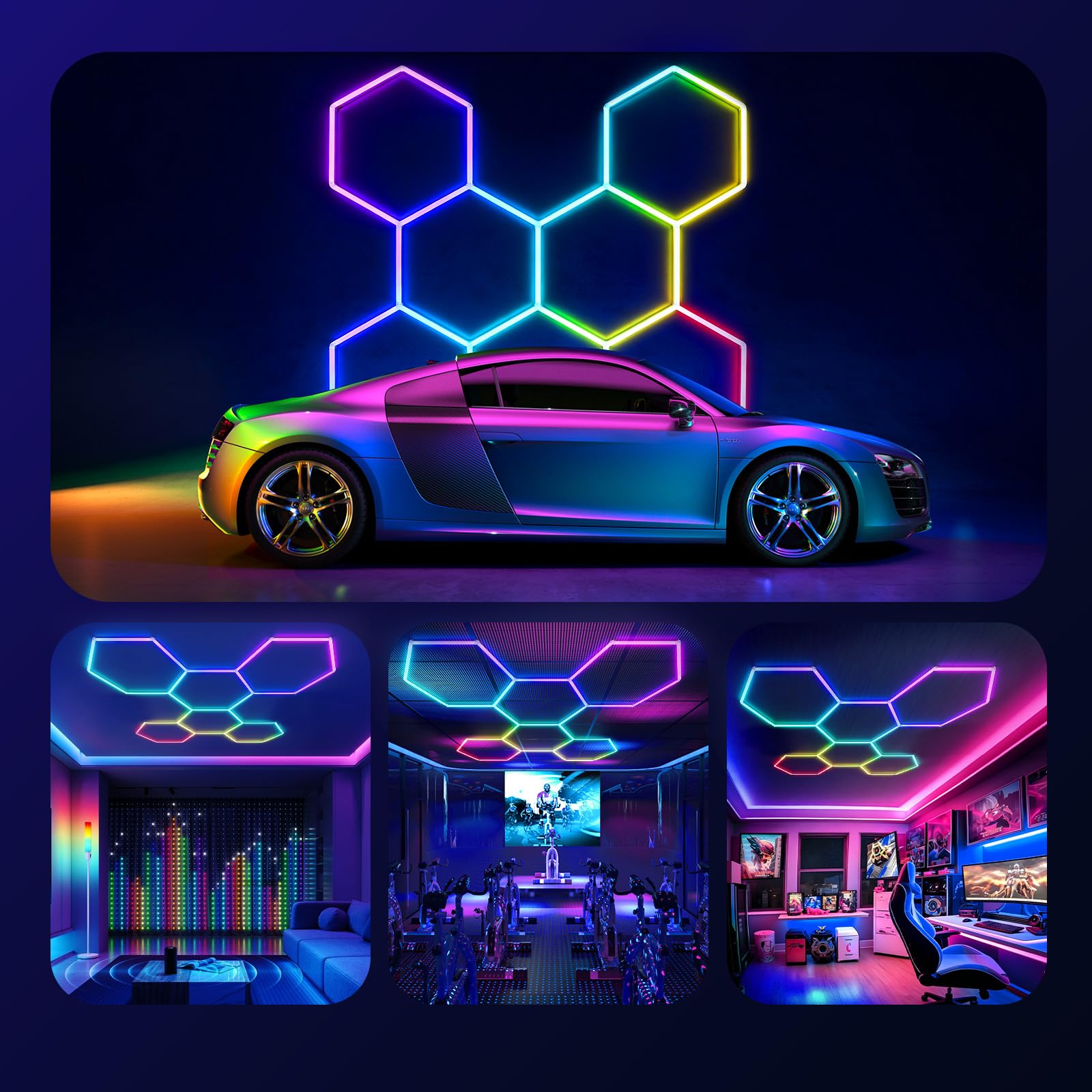 Éclairage RGB Hexagonal Iluminación 6 Hex 261W LED en nid d'abeille | Lámparas de techo hexagonales ambientales regulables luces para videojuegos/decoración de bares/gimnasios/salas de eSports