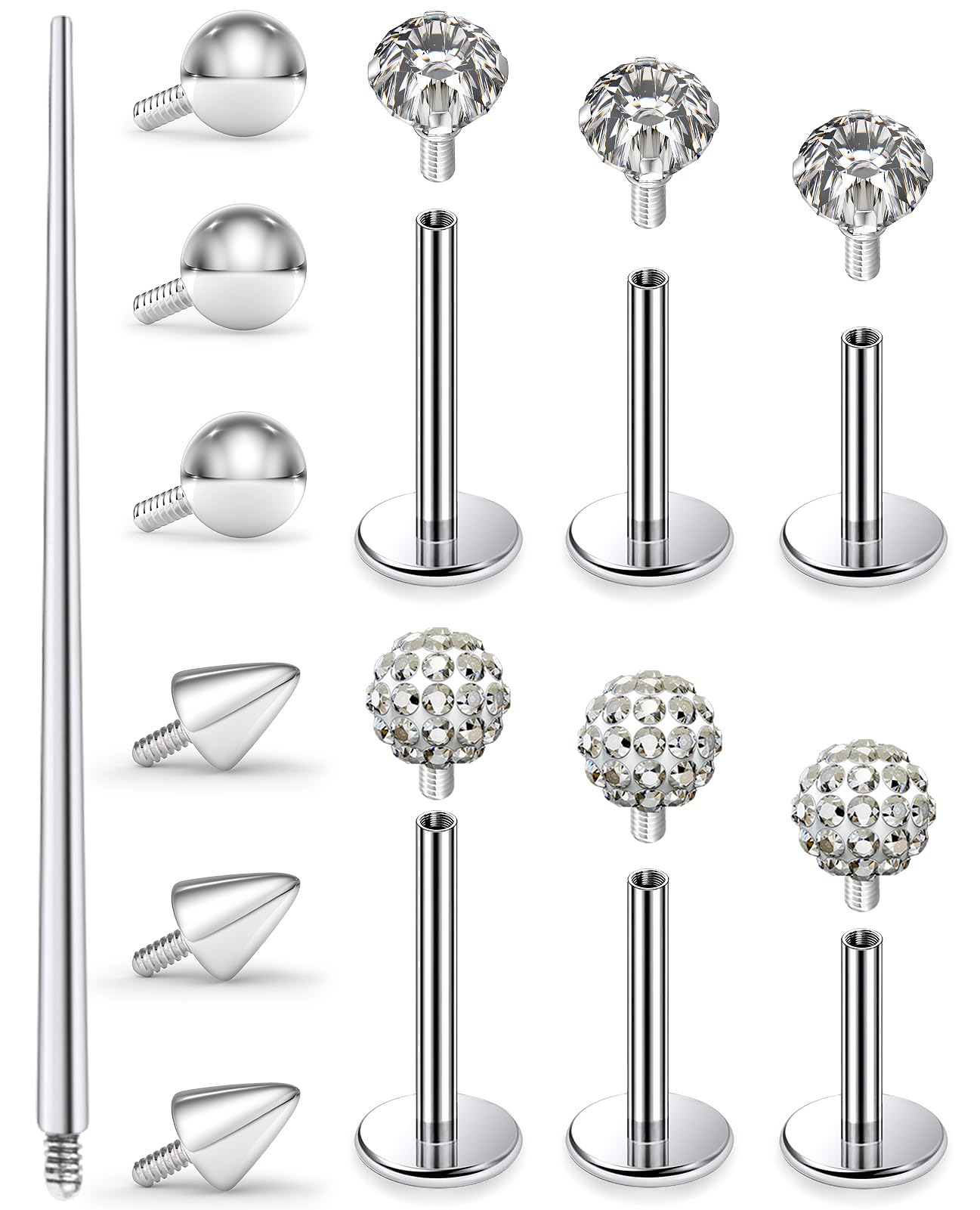 Msndnkwo 18G 16G Internal Thread Flat Back Nose Rings Stud Piercing Jewelry for Women Men Labret Lip Ring Tragus Earrings Studs Surgical Steel Taper