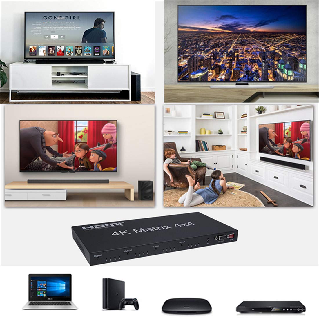 2.0 HDMI Matrix 4x4, 4K 60Hz 1080p (RGB/YUV 4:4:4) Switch Splitter 4 Input 4 Out Converter RS232 EDID Switch (2.0 HDMI 4x4 Matrix)