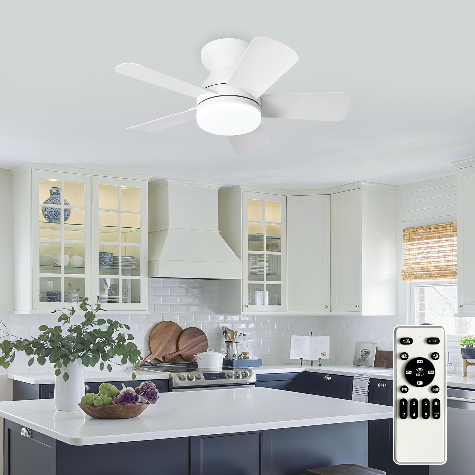 Depuley Modern Ceiling Fan with Light: 25-Inch White Small Fans for Bedroom Indoor Outdoor - Dimmable Low Profile Ceiling Fans with Remote Control Flush Mount 5 Reversible White Blades 6 Speeds Timer