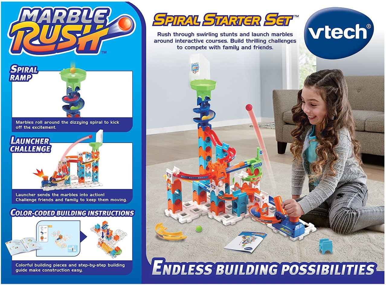 VTech Marble Rush Spiral Starter Set box showing build levels