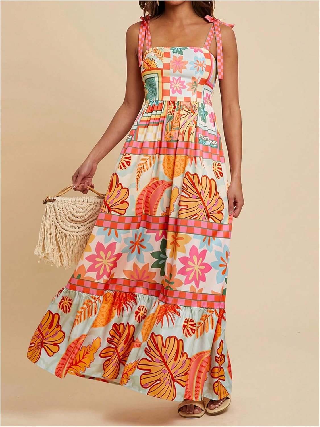 WDIRARA Women's Boho Floral Sleeveless Ruffle Maxi Dress Tropical Graphic Tie Shoulder Smocked Cami Dresses - Image 5