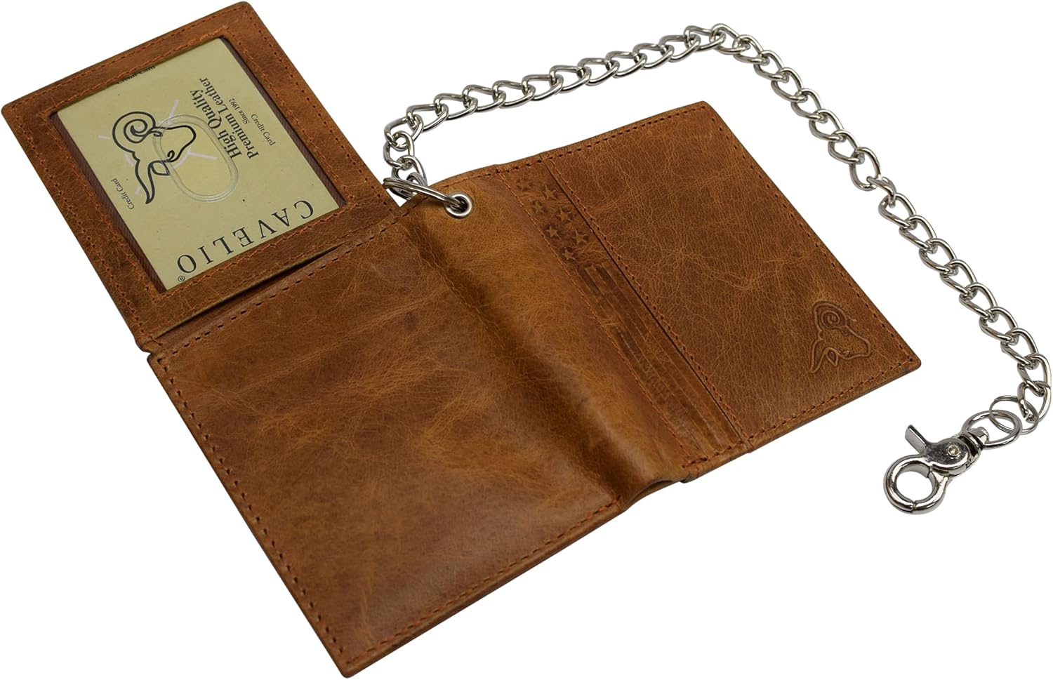 Men's Chain Biker RFID Blocking Genuine Leather L Shape Bifold Wallet USA Series (Tan with Chain)