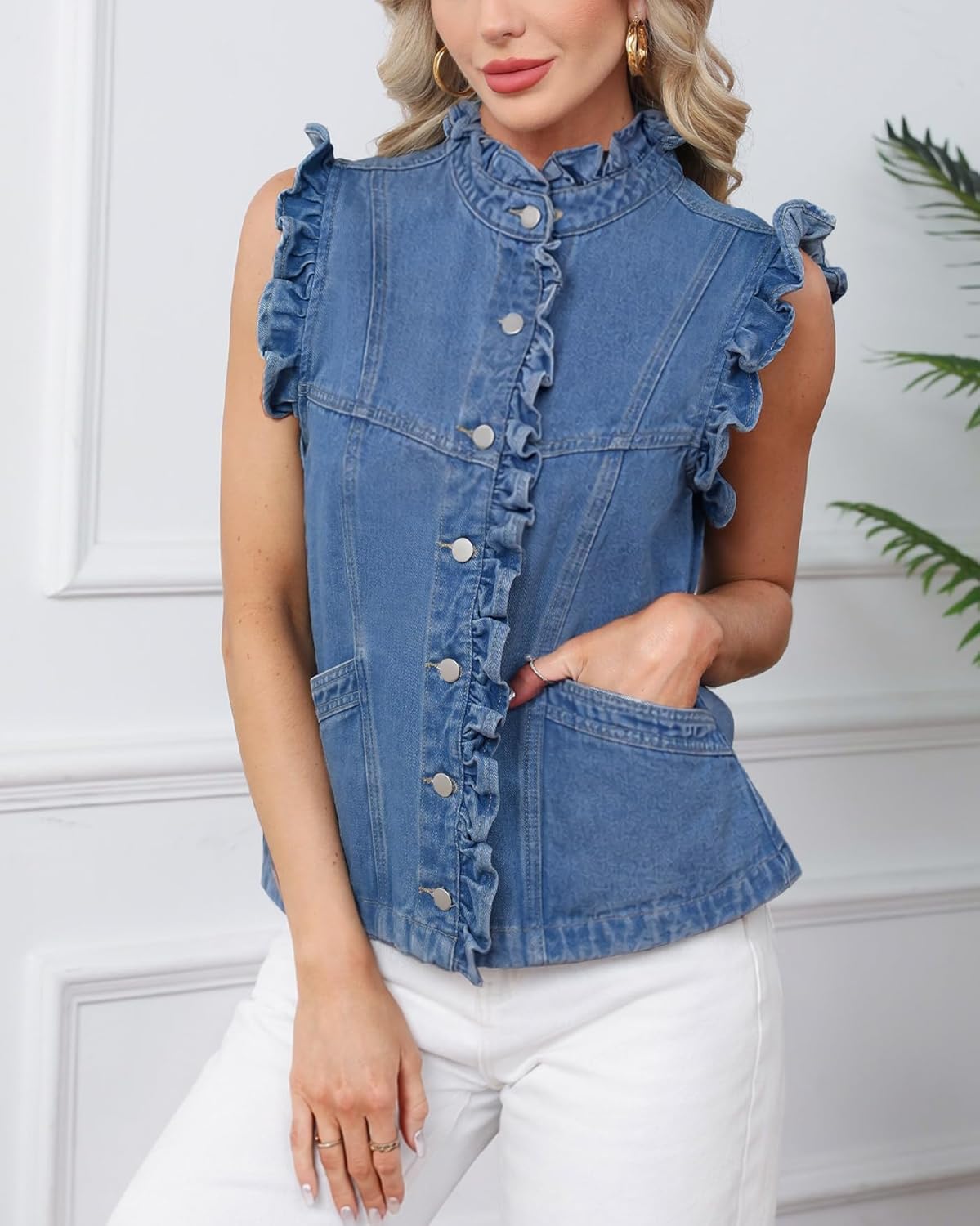Women's Ruffled Sleeveless Denim Vest Summer Causal Button Down Jean Vest Top Sleeveless Jacket - Image 6