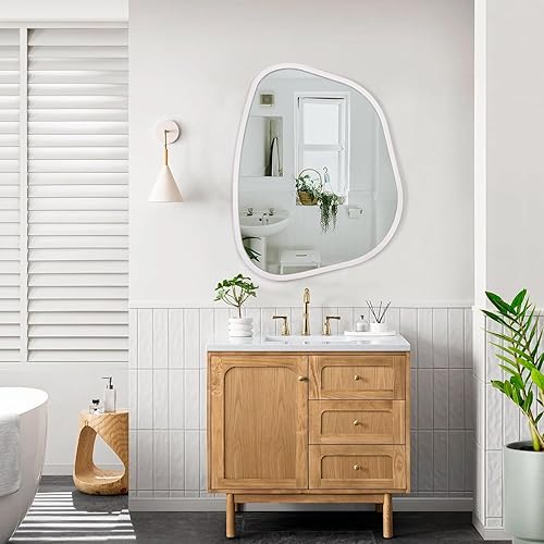 Miniatura 176 de Espejo de pared irregular de 26 x 18 pulgadas, espejo de baño grande asimétrico con marco de madera, espejos decorativos artísticos modernos