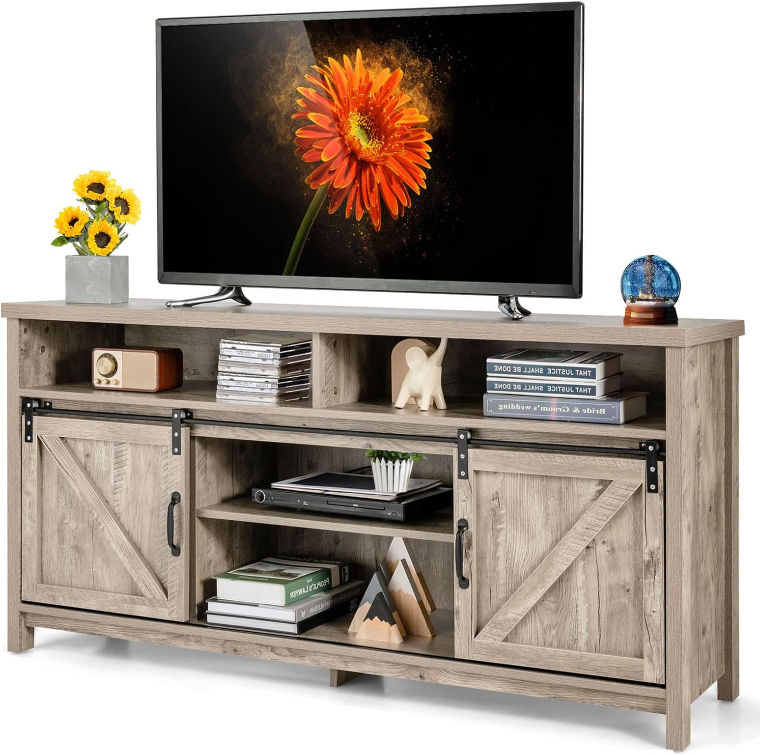 CASART TV Stand Cabinet for 65 Inch TVs, 150cm Wooden Console Table TV Unit with Sliding Barn Doors, Adjustable Shelf & Cable Holes, Media Entertainment Center for Living Room Bedroom (Maple Grey)