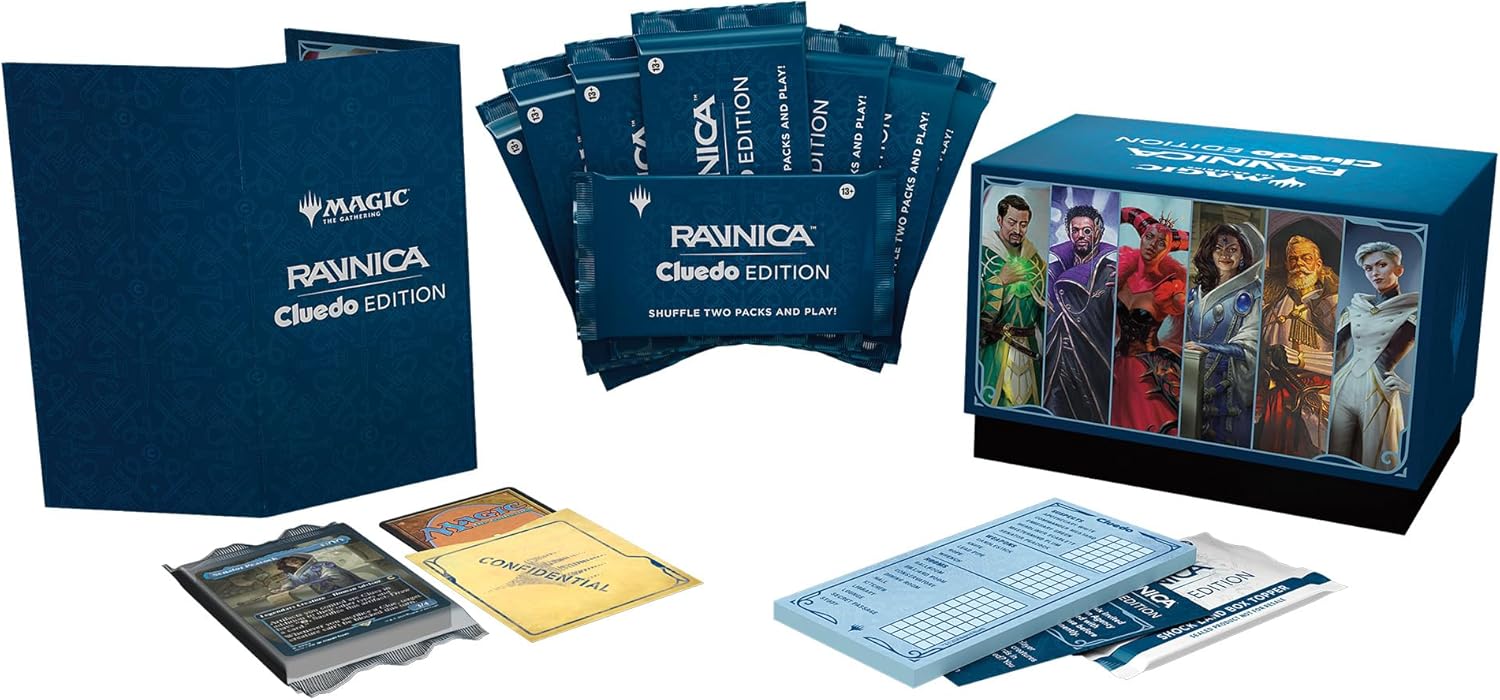 Magic: The Gathering Ravnica: Cluedo Edition - 3-4 player themed murder riddle card game (including 8 game-ready boosters, 21 proof cards, 1 Foil Shock Land Card and Detective Game Accessories)