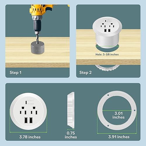Miniatura 6 de TOPGREENER GaN Technology - Ojal de escritorio para MacBook, combinación de estación de carga USB tipo CA con 60 W PD (suministro de energía) y