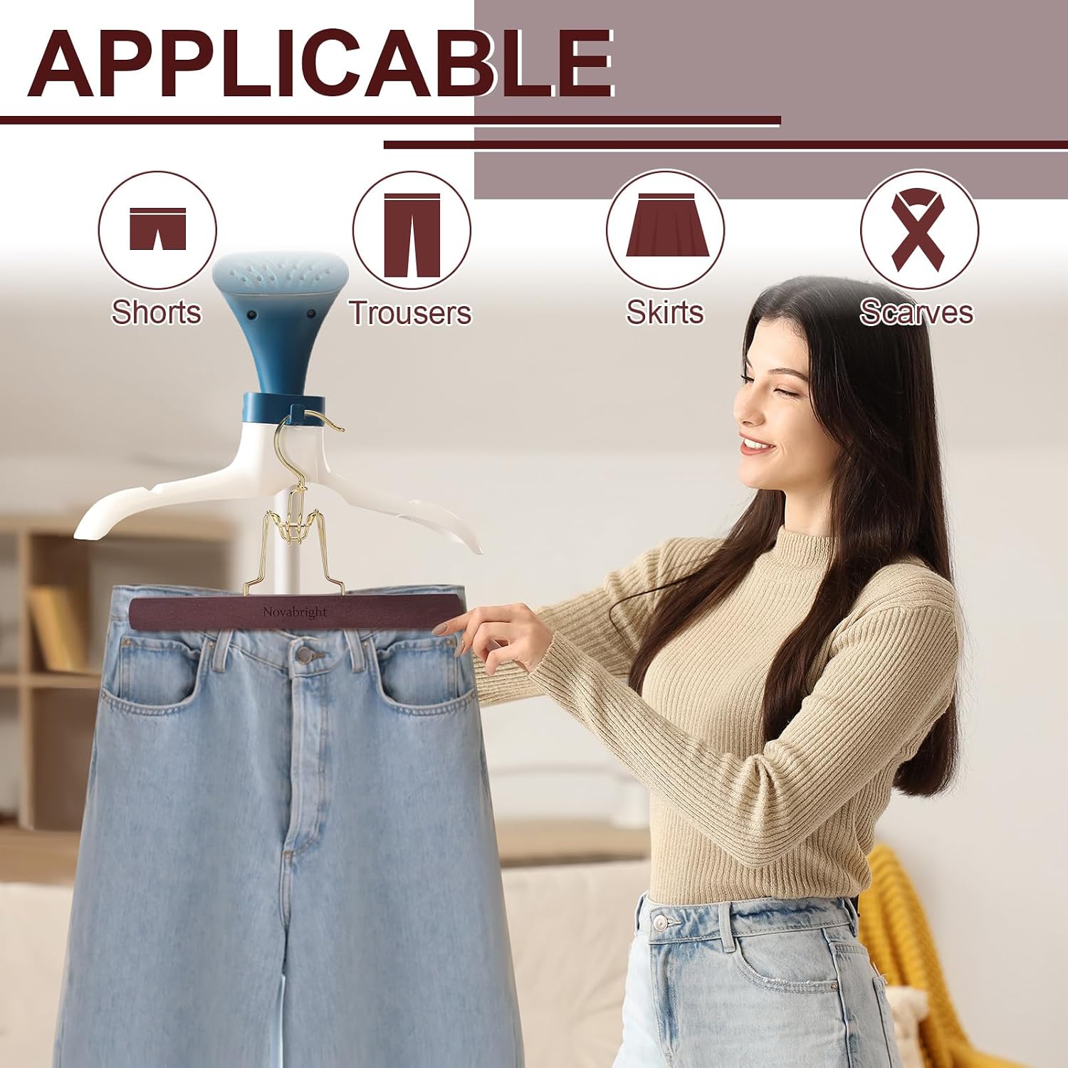 Novabright 8 Pcs Cedar Pant Hangers with Brass Plated Metal Locking Space-Saving Cedar Wood Clothes Hangers for Trousers Skirts Jeans Suits Slip-Resistant Notches Wrinkle-Free Storage (Brown)