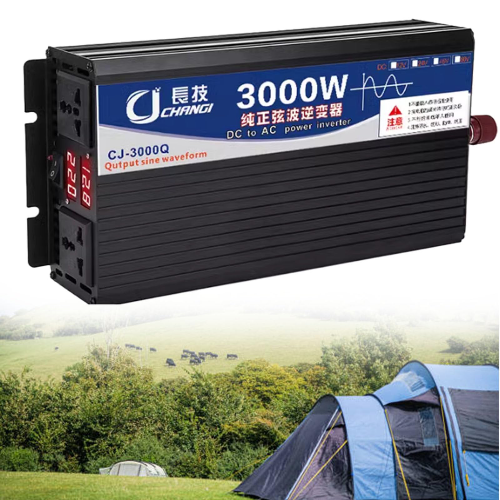 Przetwornica napięcia 3000W 4000W 5000W 12V 24V 48V 60V/72V do 110V 220V DC na AC Przetwornice napięcia Transformator słoneczny z wyświetlaczem LCD i podwójnymi gniazdami prądu,12V3000W