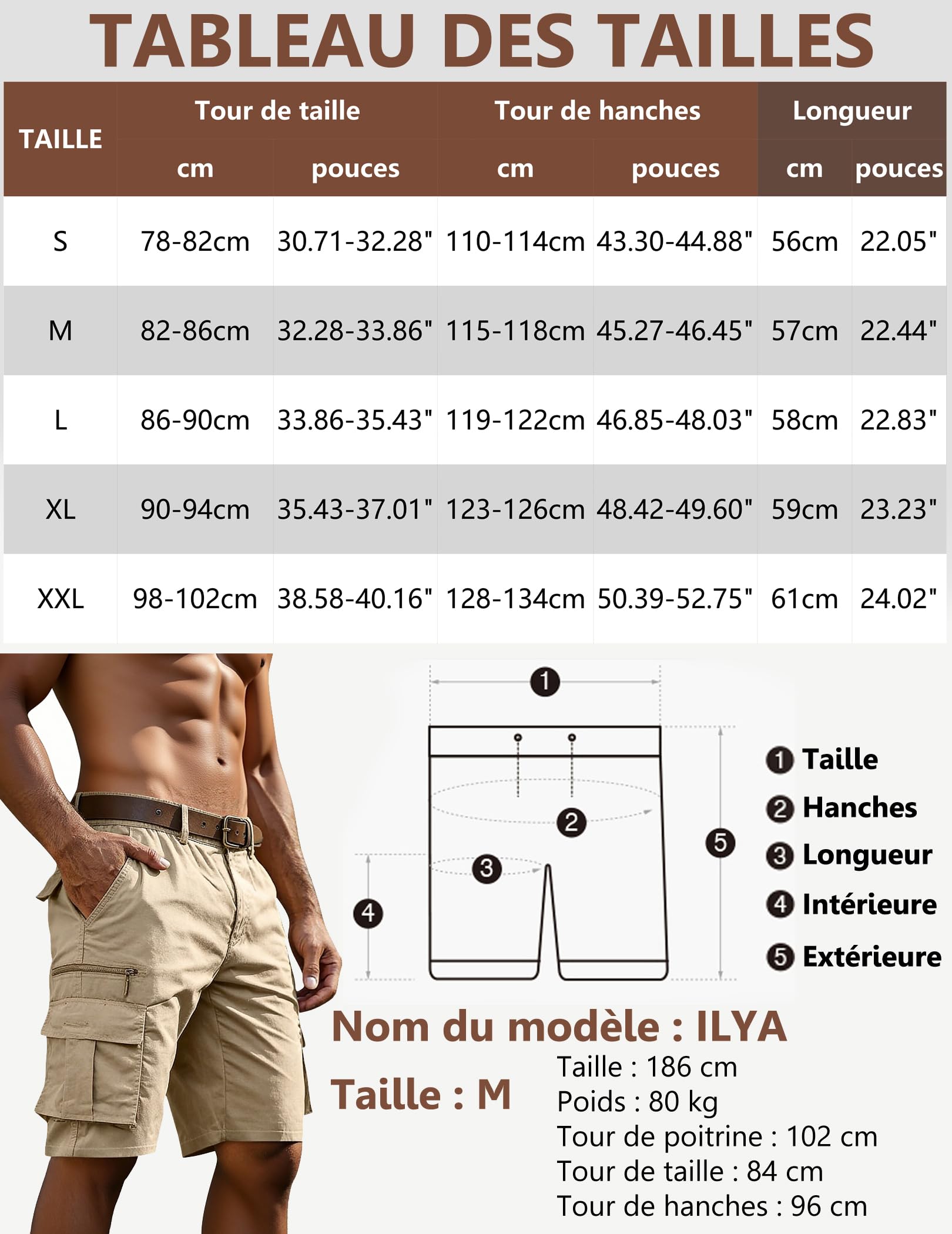 Pantalon Short Cargo Homme Coton Été Bermuda Multi-Poches Bouton Travail Shorts Taille Élastique Fermeture Éclair Pantalon Court Décontracté Coupe Ample Respirant Léger Chantier Plein Air Quotidien