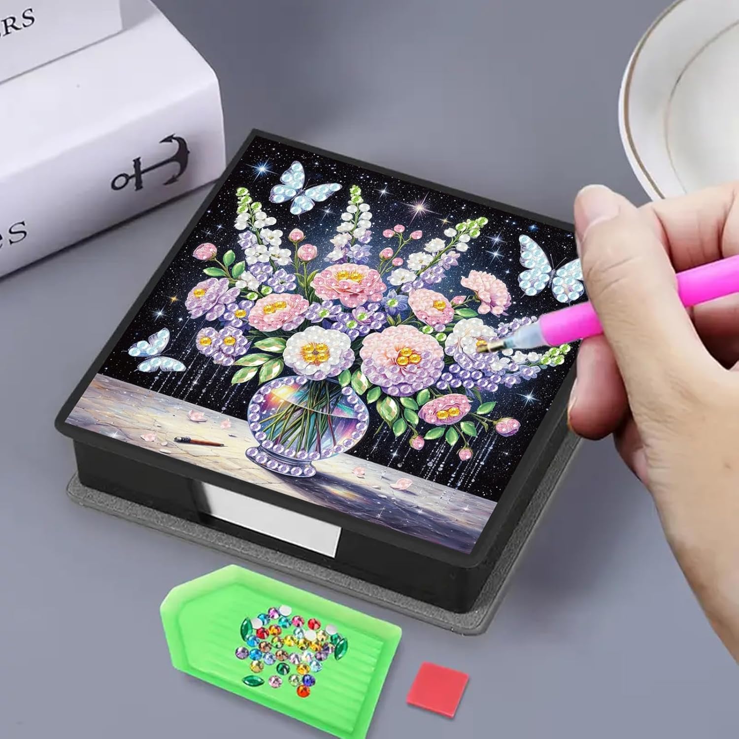 POETRYDRAW 4 Pcs Diamond Art Painting Kit Note Box, Diamond Art Notecard Box Sticky Note Holder for Adults Memo Pad Holder, Contains 160 Sheets of Paper (Vase)