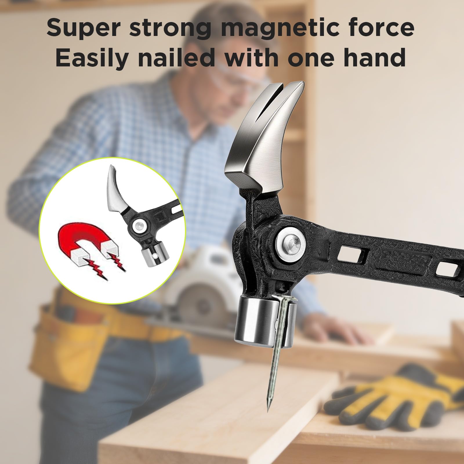 Qivine Martillo Carpintero con Soporte Magnético para Clavos, Martillo de Techador de Acero, Martillo Encofrador con Mango Antivibraciones, para Bricolaje, Reparaciones en el Hogar, Carpintería