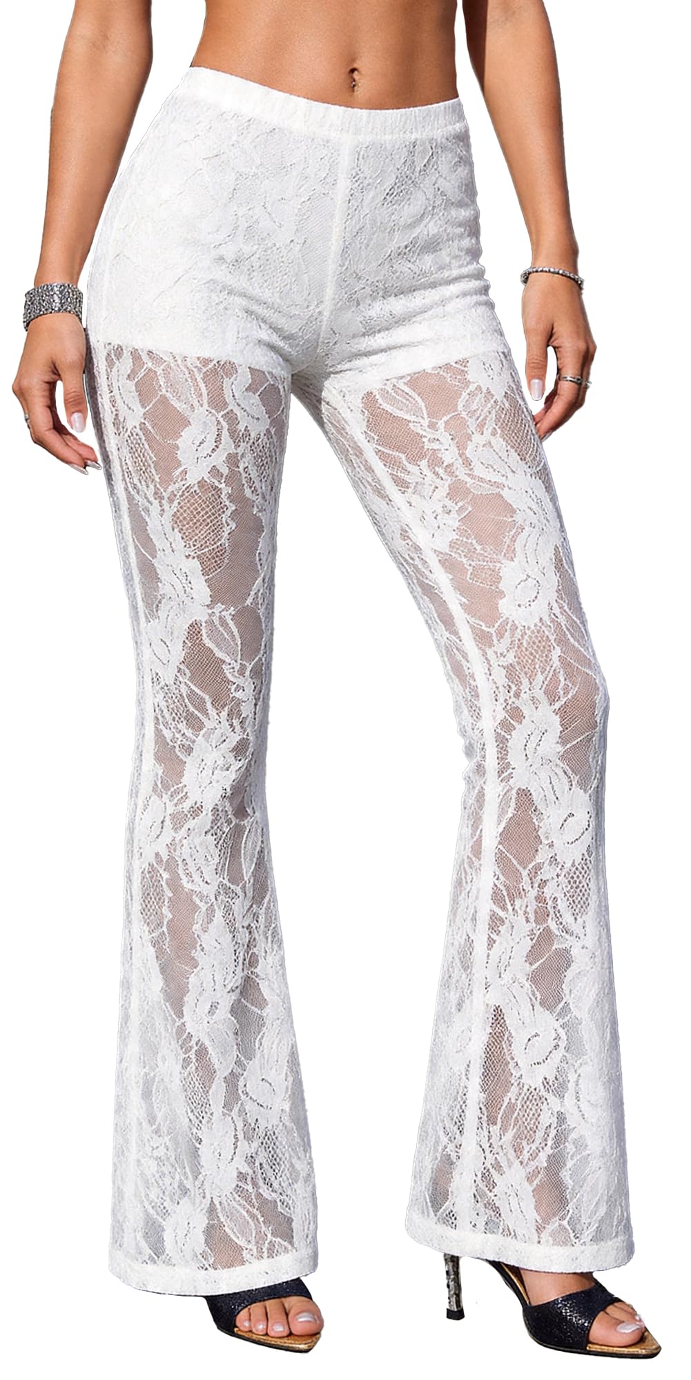 FEOYA Pantalon à volants en maille transparente pour femme - Taille haute - Sexy - Transparent - Bas de bikini - Cache-maillot de bain en dentelle florale - Legging évasé pour sortir, fête, club