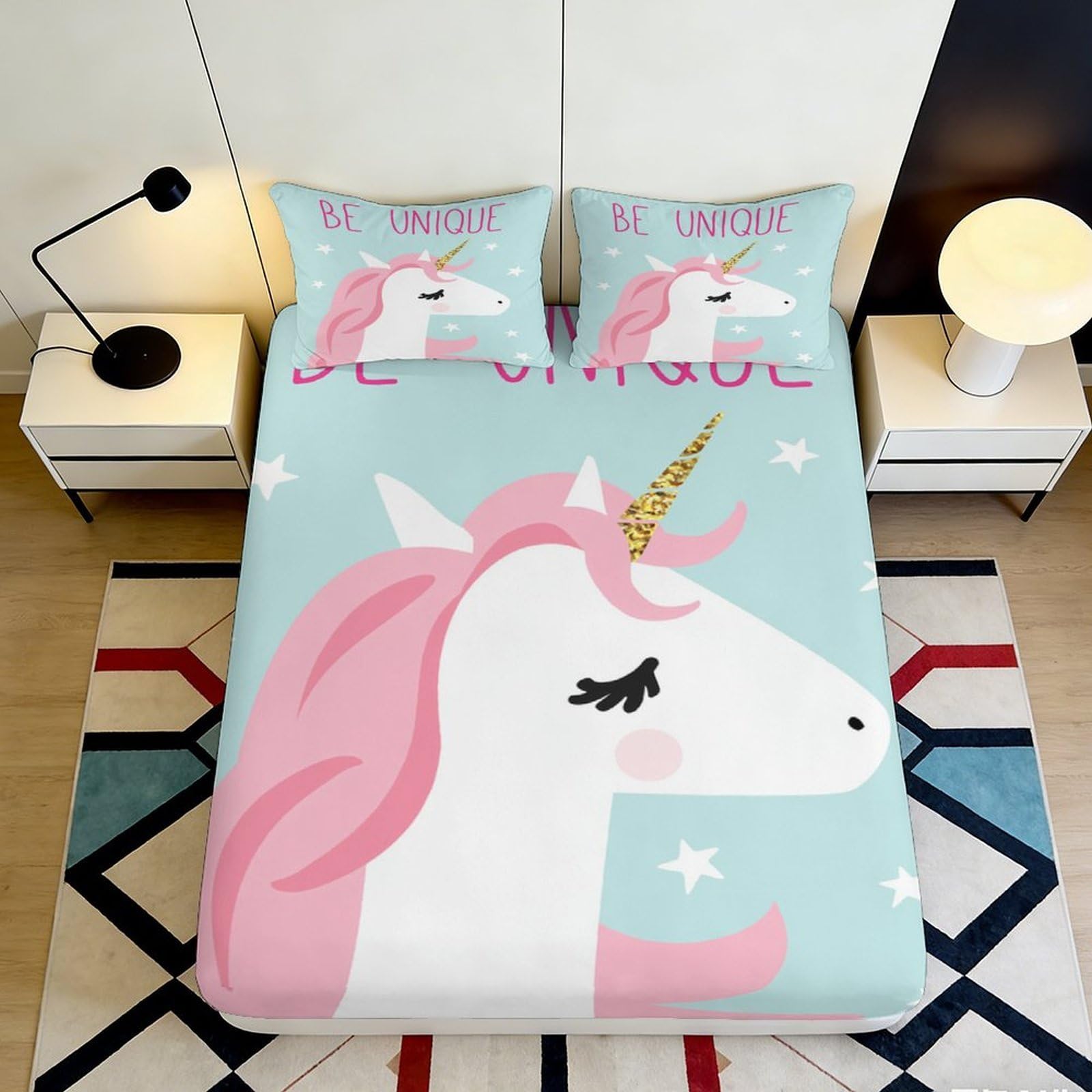 3D Printed Unicorn Pastel Fitted Sheet Microfiber Non-Slip Mattress Cover for Bedroom Dorm Pink Blue Star Decor 120x200x25cm