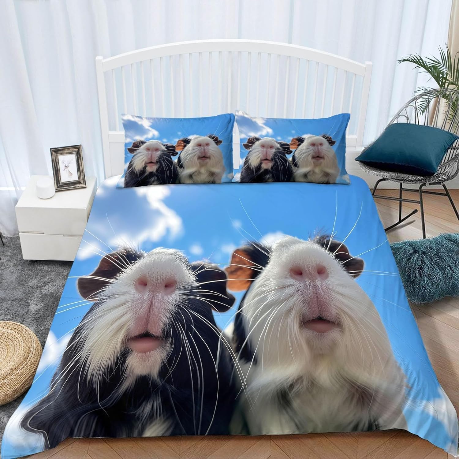 Housse de couette cochon d'inde 220x240 cm avec 2 taies d'oreiller pour lit 2 personnes