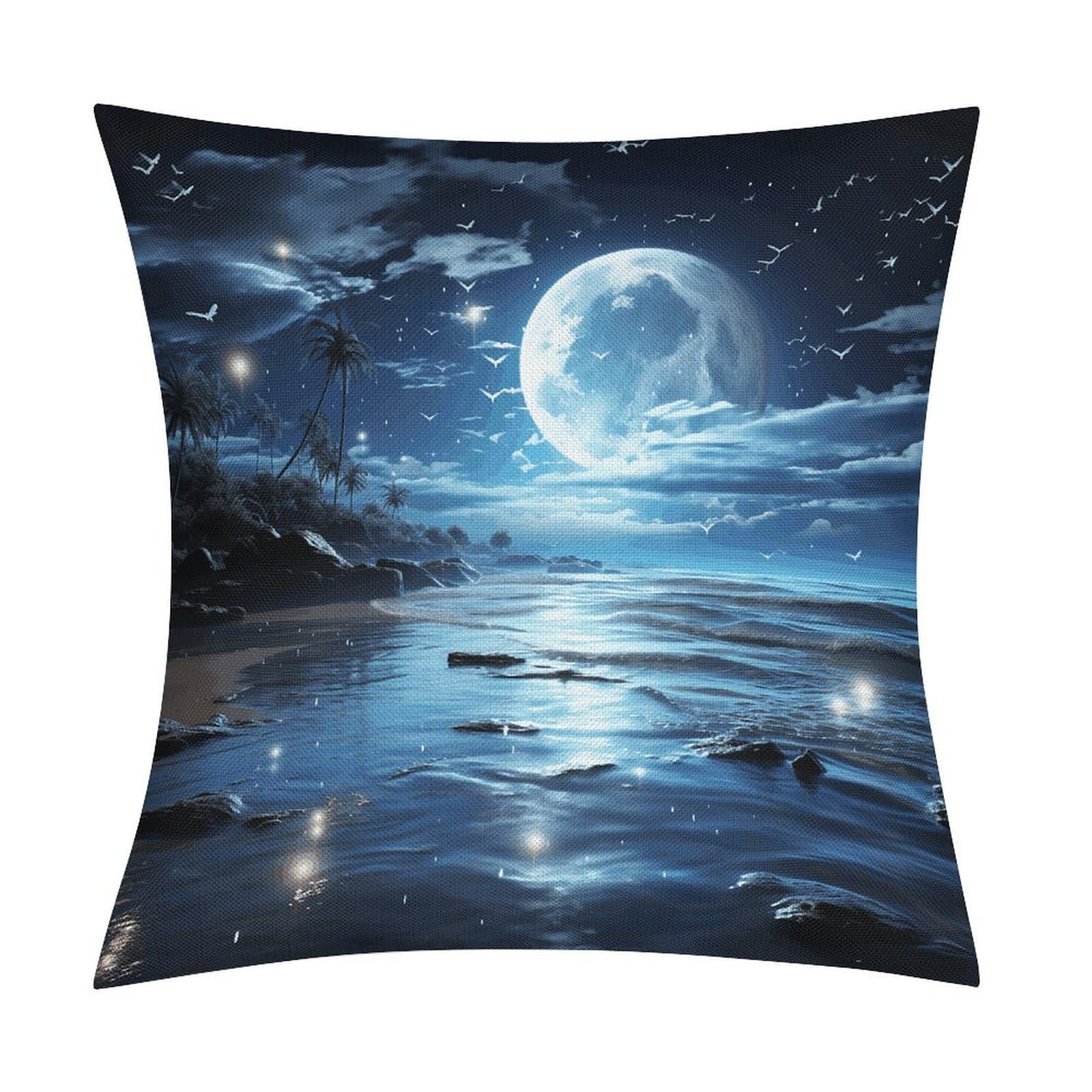 LZQPOEAS Moon Over Ocean Throw Pillow Covers, Waterproof Faux Linen Pillow Cases with Invisible Zipper, Decorative Square Cushion Covers for Sofa Couch Living Room Bedroom 18x18 Inch