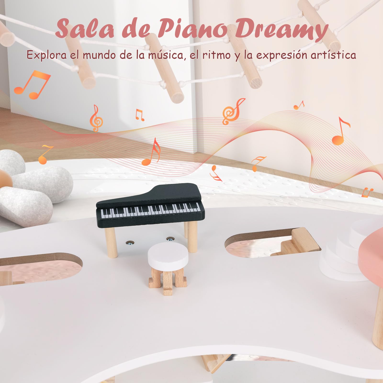 COSTWAY Casa de Muñecas de Madera, Casita Infantil de 7 Habitaciones y 3 Niveles con 32 Piezas de Accesorios de Muebles Realistas, Techos, para Muñecas de 8-15 cm