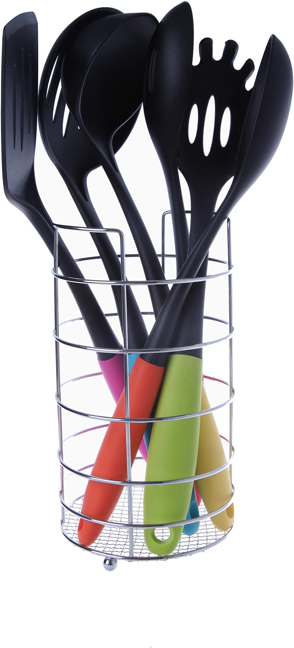 Kitchen Utensils Set - Non-Stick Nylon & Silicone Cooking Tools with Metal Holder - Includes Pasta Server, Slotted Spatula, Slotted Skimmer, Ladle, Spoon, and Slotted Spoon - 6 Piece Set