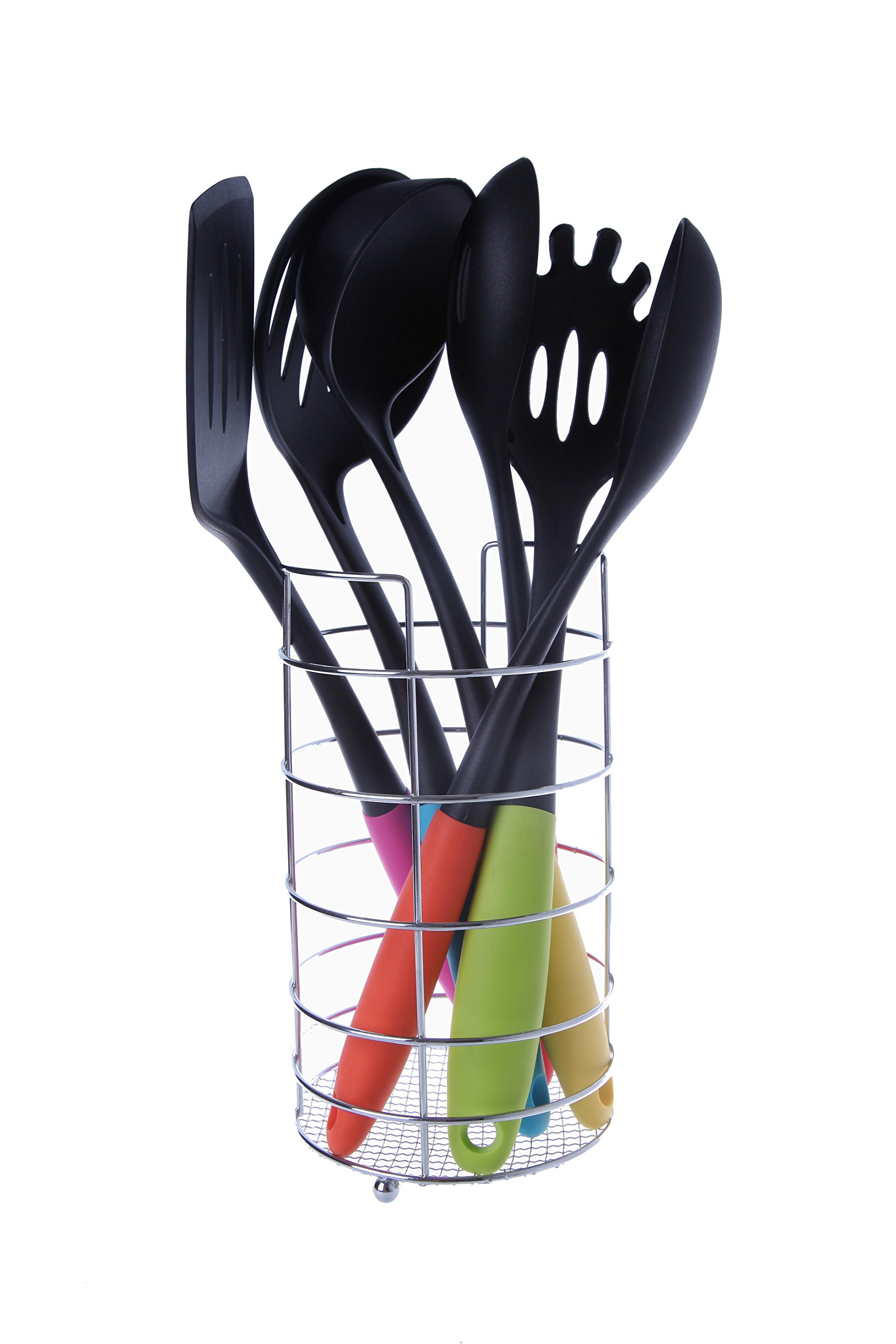 Kitchen Utensils Set - Non-Stick Nylon & Silicone Cooking Tools with Metal Holder - Includes Pasta Server, Slotted Spatula, Slotted Skimmer, Ladle, Spoon, and Slotted Spoon - 6 Piece Set