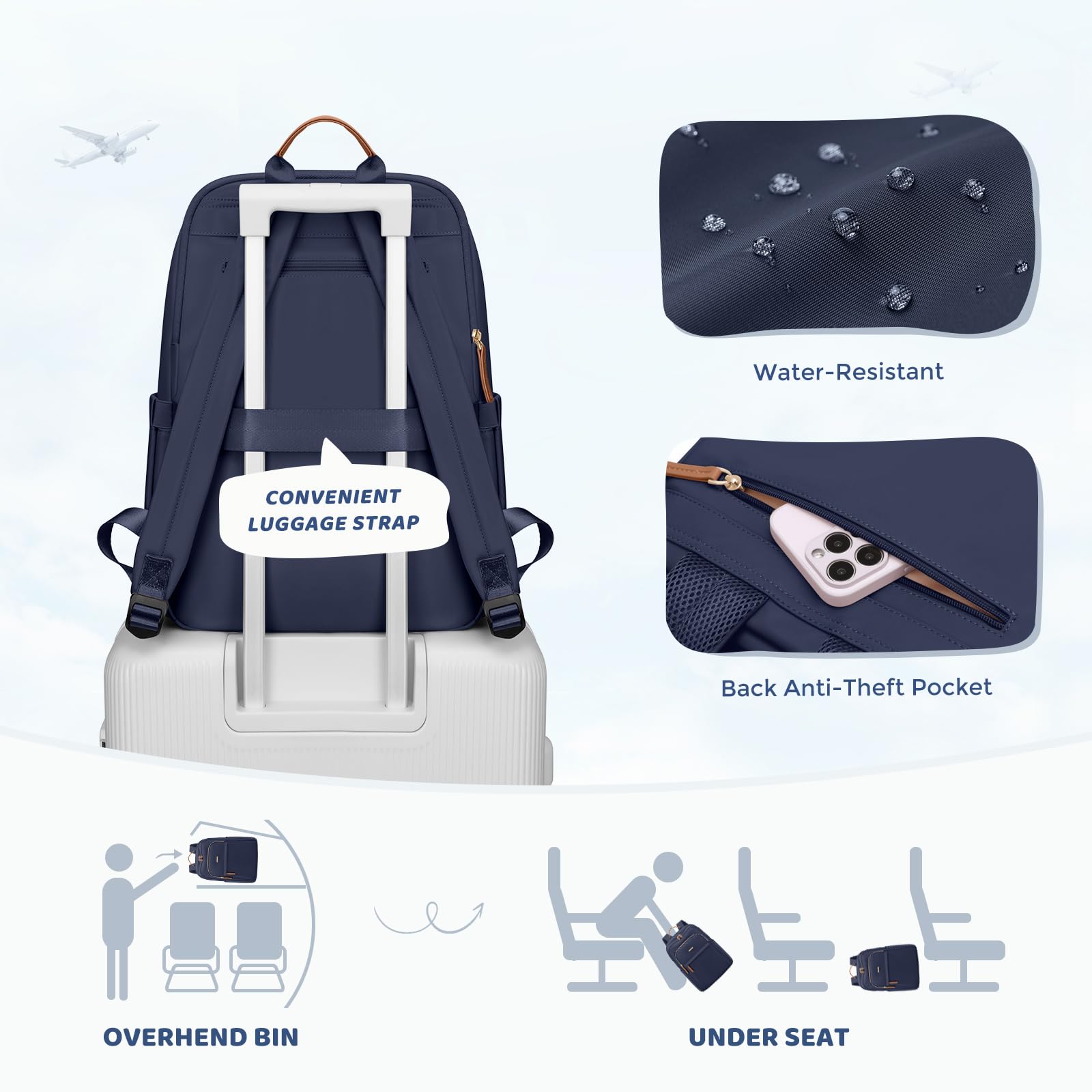 Sac à dos de voyage GOLF QUALITY pour femmes Sac de transport imperméable Sac de week-end d'affaires Sac à dos de randonnée Multicouche Sac pour ordinateur portable, 16 pouces, A-bleu marine., 16 Inch