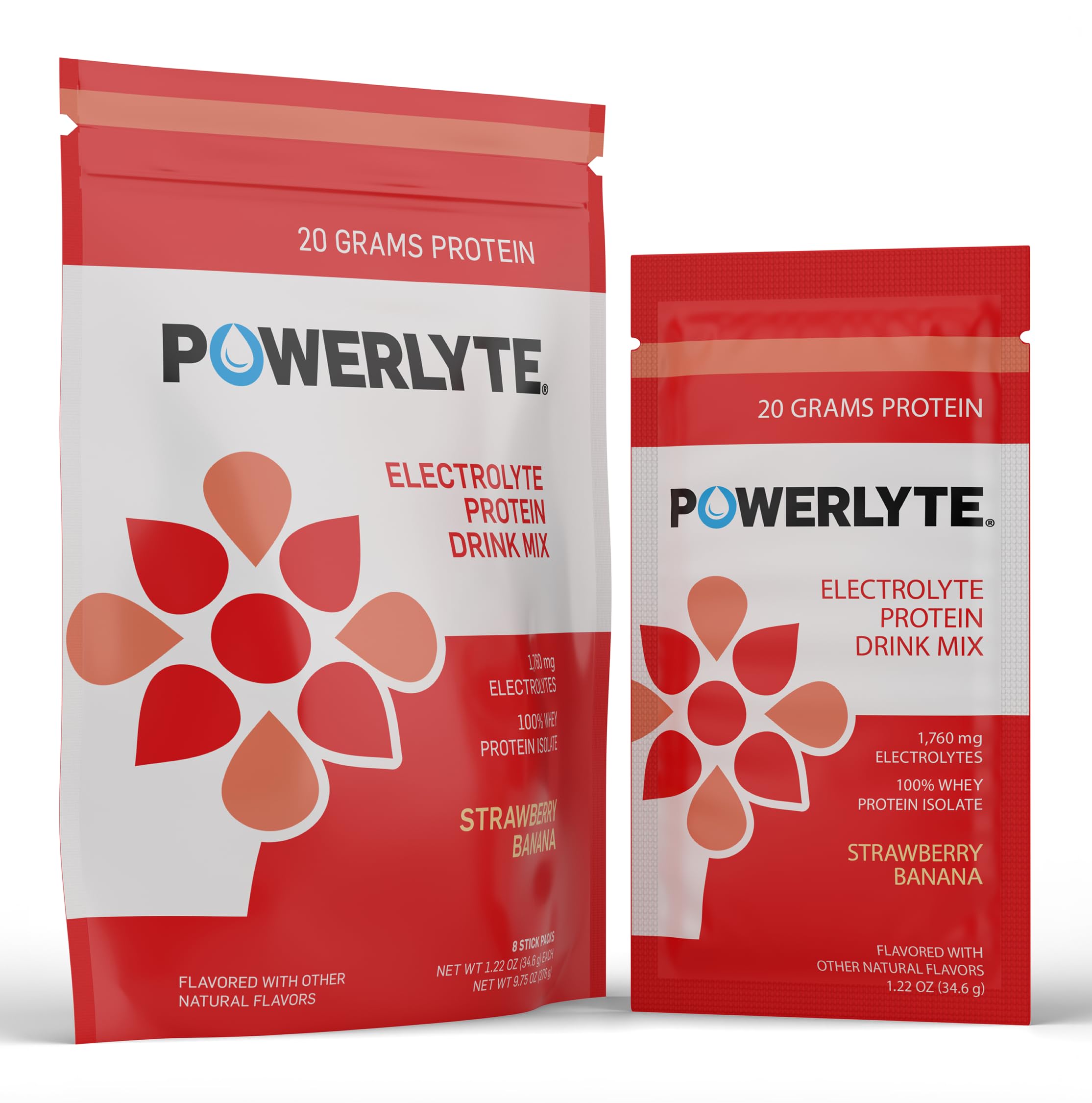 POWERLYTE Mistura para Bebida de Whey Protein Isolate com Eletrólitos, Morango e Banana, 20 g, 1.760 mg, 8 sachês