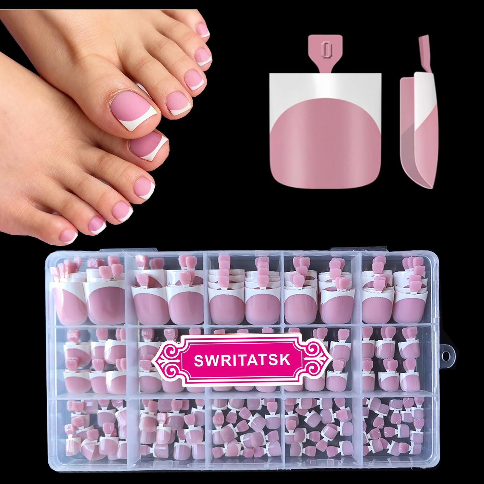 SWRITATSK Toe Nail Press Ons Toenails, French Tip Toe Press On Nails,180 Pcs Square Toe Nail Tips,Toe Nails Press On Toenails For Women, Thick Fake