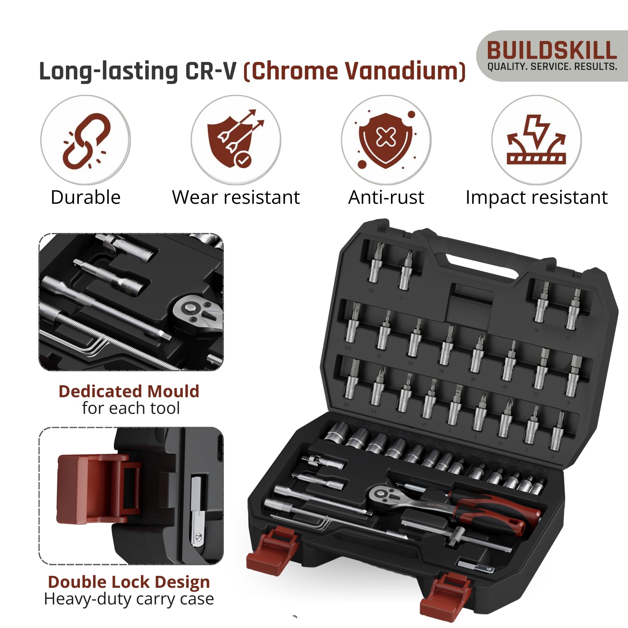 BUILDSKILL 1/4 inch socket set | 46 piece - heavy duty CR-V material | flexible extension bar | quick release reversible ratchet | TPR anti-slip grip | socket wrench set for car & bicycle repairing 2