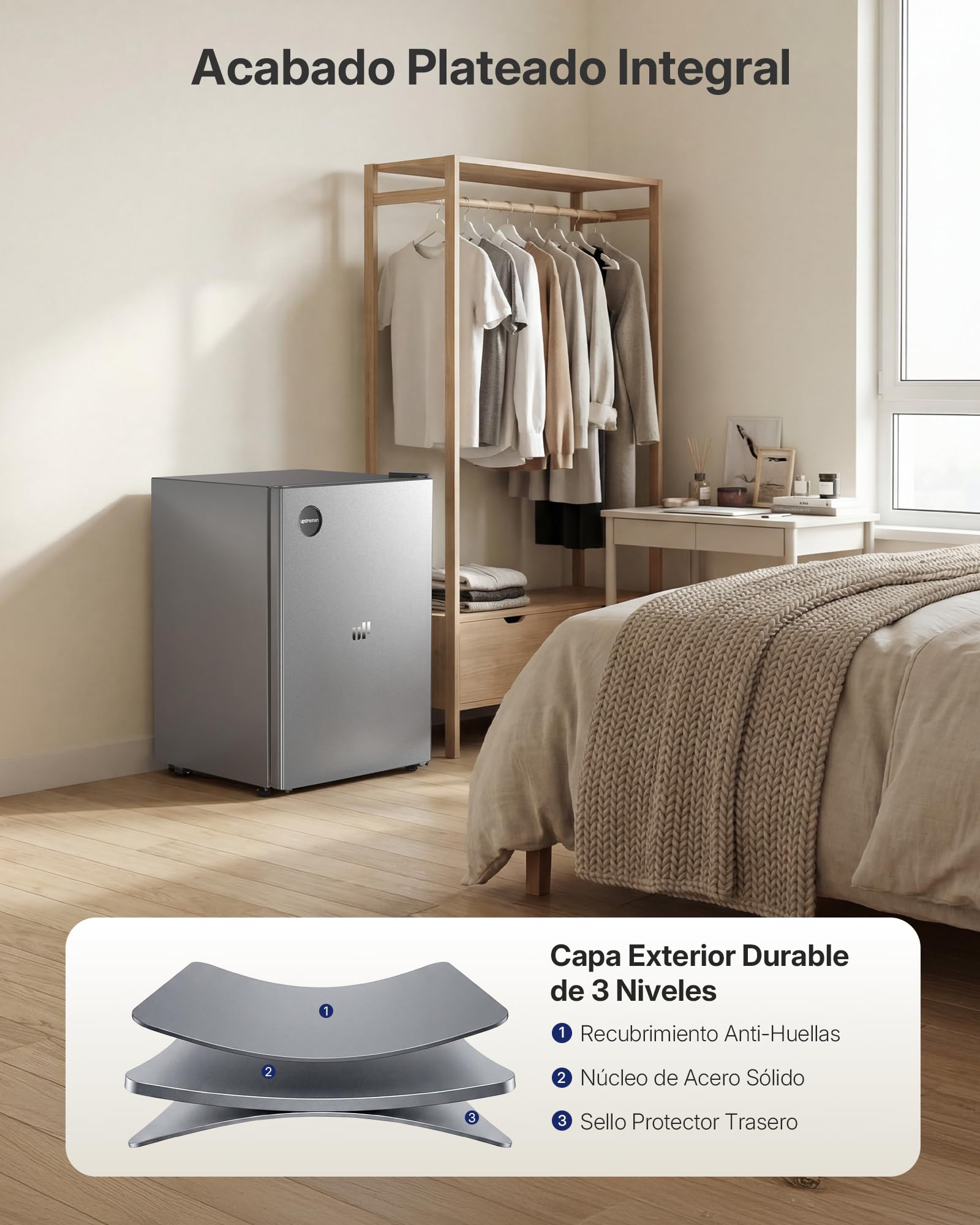 Upstreman 71L Frigorífico Sin Congelador, 1-10°C 7-niveles Regulación de Temperatura, LED-Beleuchtung, 40 dB Silencioso, Energéticamente Eficiente para Dormitorio, Oficina, Cocina, CR71- -Plata