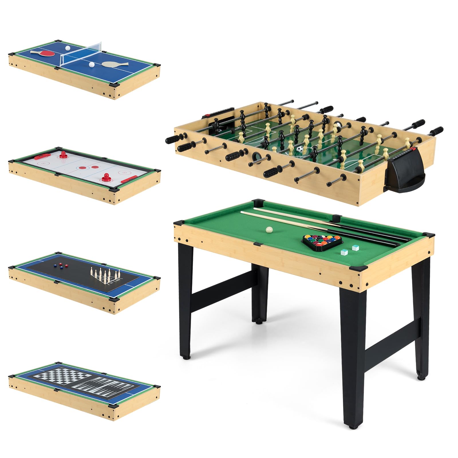 GYMAX 10-in-1 Multi Game Table, Combo Games Table Set with Foosball, Hockey, Billiard, Table Tennis, Shuffleboard, Bowling & 4 Board Games, Indoor Combination Games Table for Kids Adults