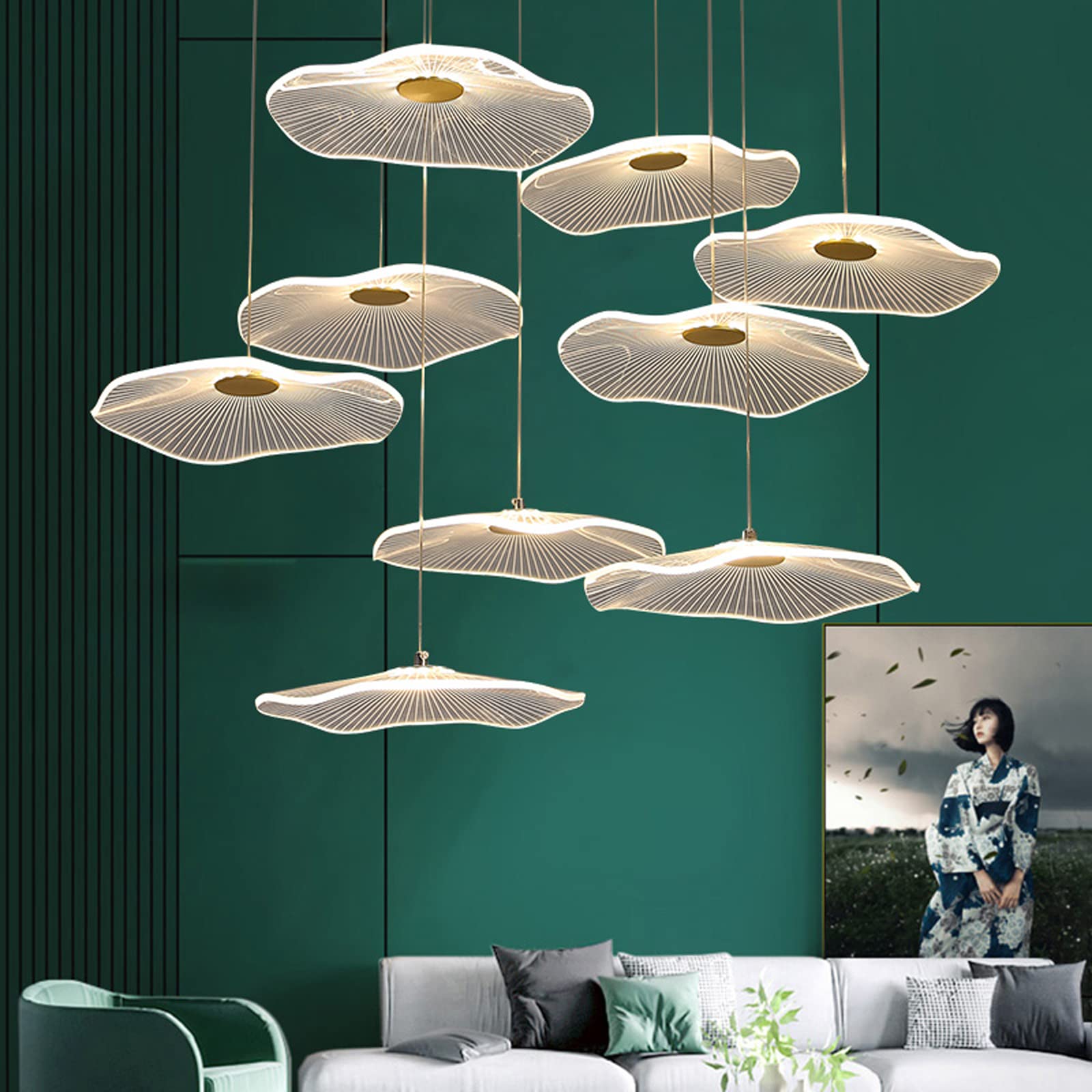 RRJJ Nordic Led Villa Stair Chandelier Lotus Leaf Acrylic Restaurant Creative Living Room Bedroom Hotel Lobby Villa Stair Chandelier Villa Stair Chandelier Stepless Dimming pendnat Ligh