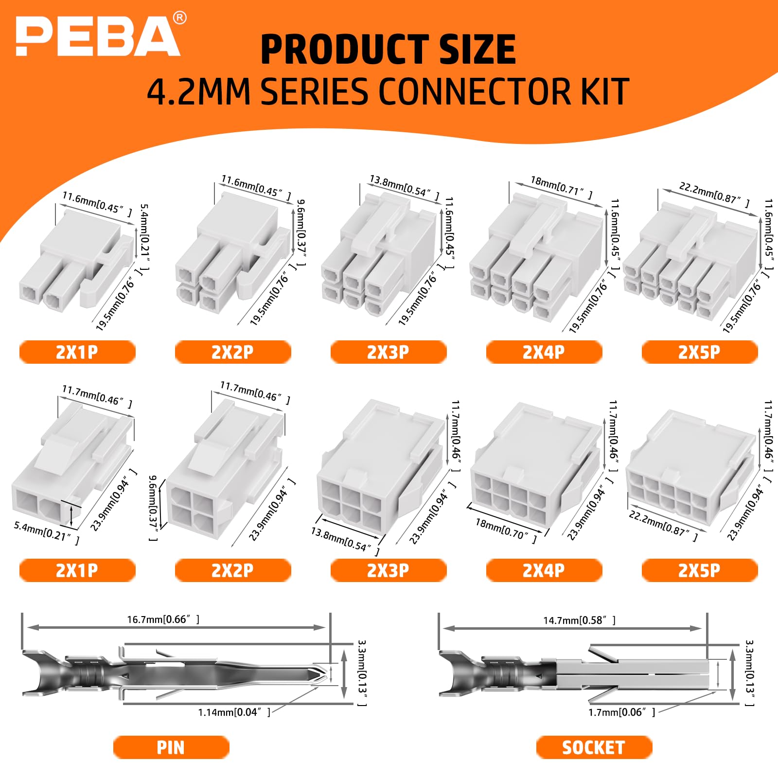 PEBA Kit Crimpado Mini-Fit Jr. 4.2mm Alicate Carraca 2-10 Pines | 12 tipos de conectores compatibles 4,2 mm, crimpado 30-16 AWG para fuentes PC, GPU, ATX y montajes personalizados