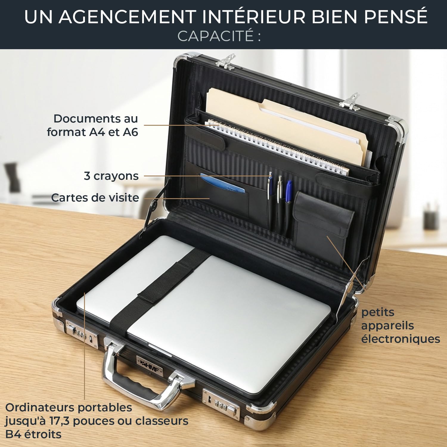 HMF Mallette en aluminium pour ordinateur portable jusqu’à 17,3 pouces, Mallette business homme avec serrure à combinaison, compartiment rembourré et organiseur | 45 x 33 x 11 cm | Noir