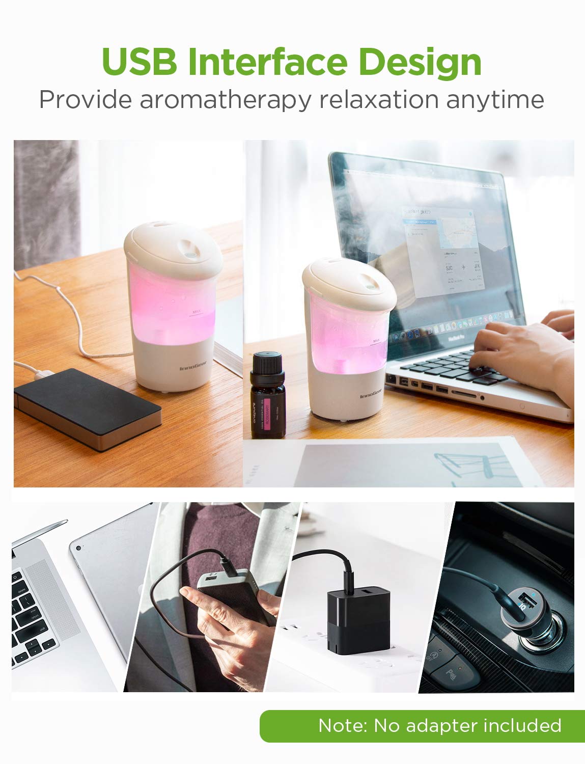 InnoGear Car Diffuser, USB Essential Oil Diffuser Ultrasonic Car Humidifier Aromatherapy Diffusers with Intermittent/Continuous Mist for Office Travel Home Vehicle (White) : Health & Household