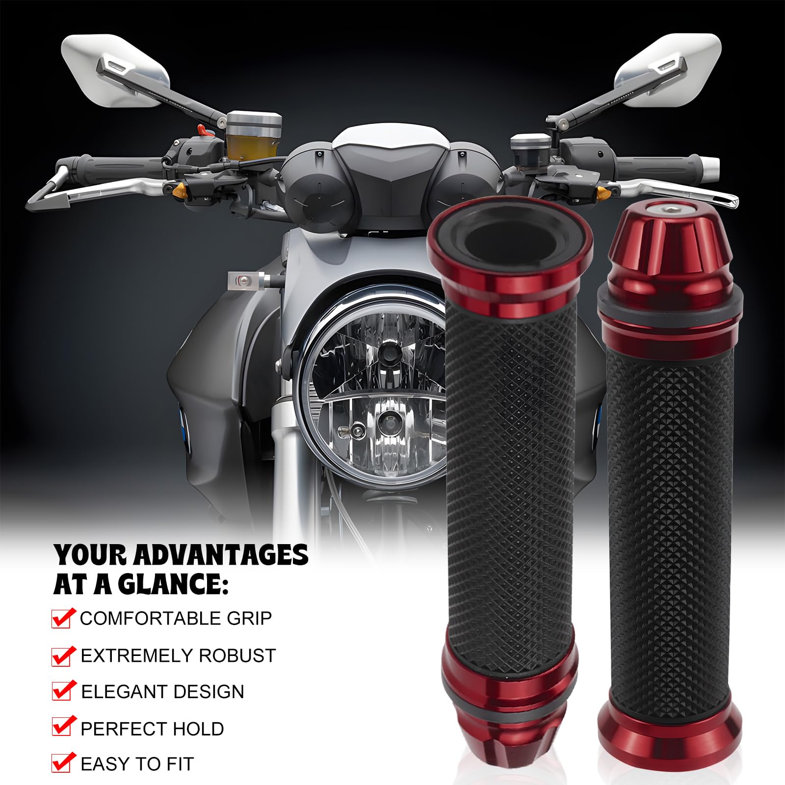 Manopole Moto 2 Pezzi Gomma 22mm/24mm Manubrio per Scooter Quad Cruiser Off Road Rosso
