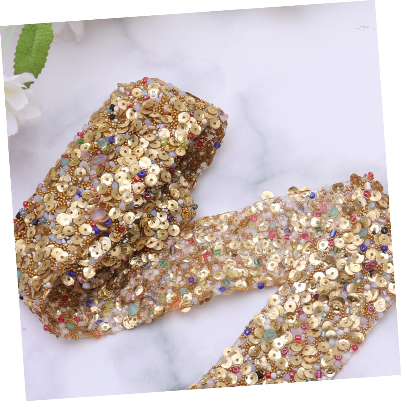 Golden Sequin Bling Ribbon Trim for Dress Sash Bags Shoes Embellishments Rhinestone Shell Decor for Crafting and Fashion Accessories