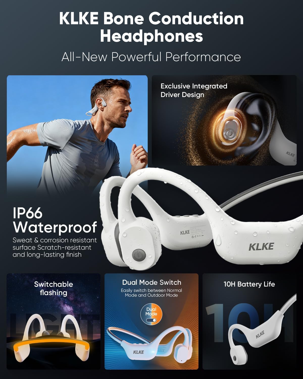 Open-Ear Bone Conduction Headphones, IP66 Waterproof, Integrated Transducer Running Headphones with Dual Mode, Rear Safety Light, 10H Battery,Advanced Mic for Cycling, Hiking & Outdoor Sports