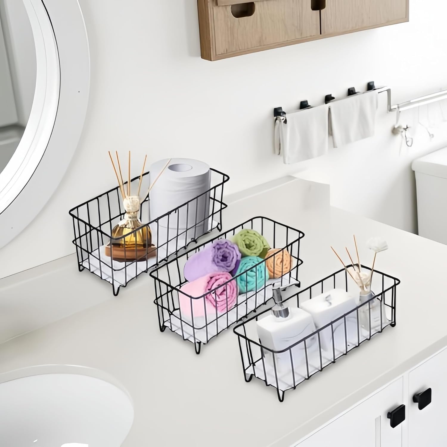 TIEYIPIN Farmhouse Decor Small Metal Wire Storage Organizer Basket Bins, Stainless Steel Organizing Basket Caddy Bin for Kitchen Cabinets, Bathroom, Pantry, Garage - Black (Set of 3)
