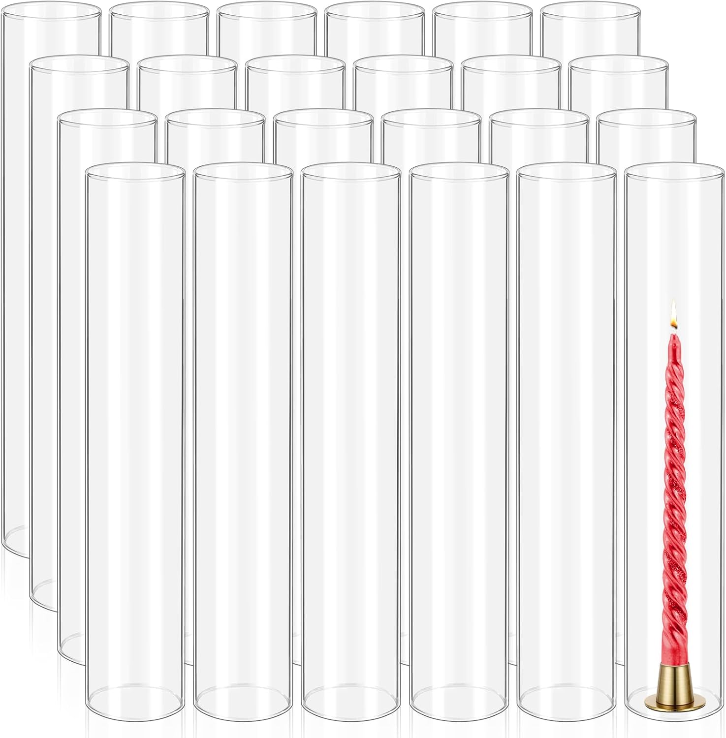 24 pcs hurricane candle holder sleeve, h:16" d:3" bottomless glass cylinder candleholder tall clear glass cylinder open both ends, chimney tube cover, open ended candle shade 3"x16"h 24