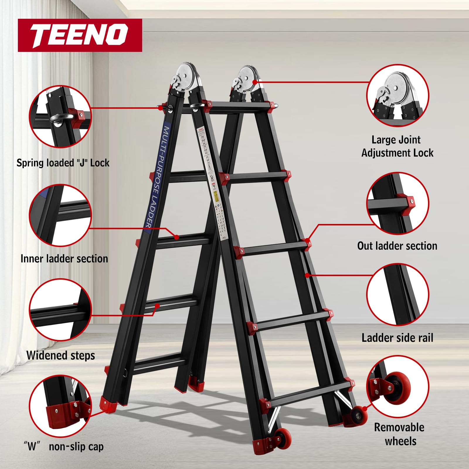 TEENO Échelle Pliable Multifonction 5.1 M, Escabeau Telescopique 5 en 1, Haute Performance, 5x5 Marches, Stable jusqu'à 150kg, 2 Roues Amovibles, Noir