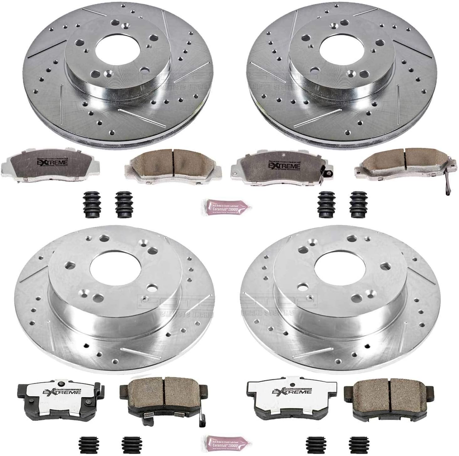 PowerStop Front and Rear Brake Kit For Honda Accord 1998-02 - Carbon Fiber Ceramic Brake Pads + Drilled & Slotted Rotors Upgrade, K1042-26